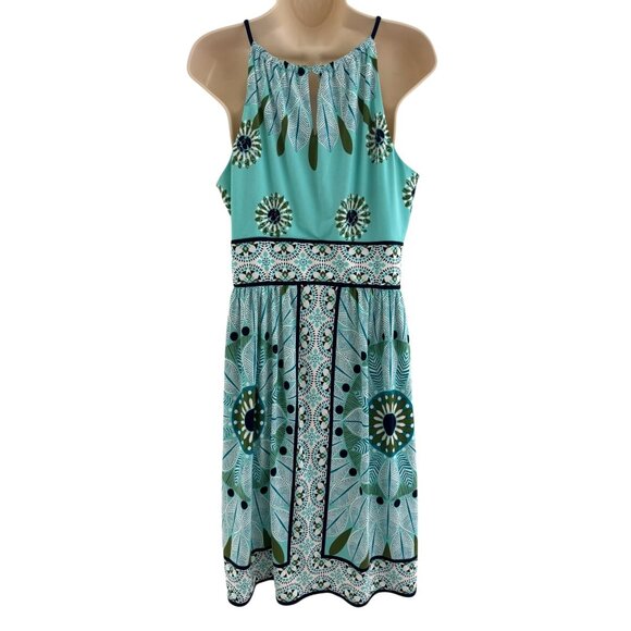 Dressbarn Aqua Print Halter Keyhole Neckline Summer Dress Size 14 Sundress Party - Picture 4 of 7